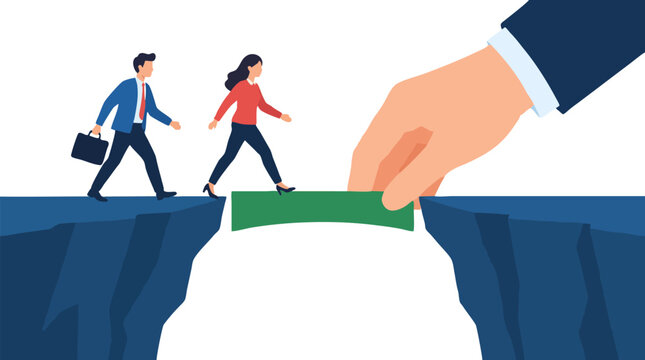 A giant executive hand gently lowers a green connecting bridge slab across a deep cliff chasm enabling two walking corporate coworkers to cross over safely in this supportive flat vector