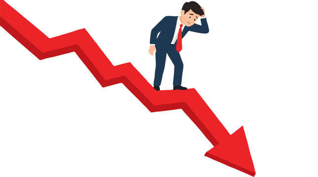 A stressed businessman in a dark suit clutches his head in despair while balancing on a sharply descending red arrow graph plunging downward, economic bankruptcy vector on solid white