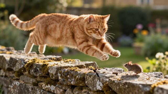 Ginger cat leaps over a stone wall to catch a mouse in a garden