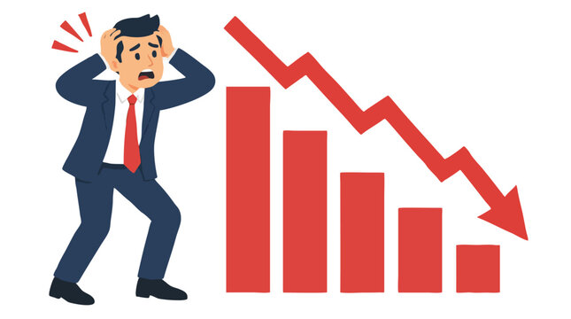 Distressed businessman clutching his head in shock as he witnesses a crashing red financial bar chart and a jagged downward trend arrow representing economic crisis in a flat vector art