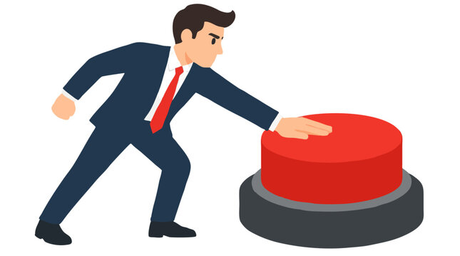 Serious businessman in a blue suit leaning forward to firmly push down a giant red circular emergency stop button in flat vector style illustrating risk control and project interruption