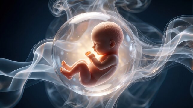 Human fetus inside transparent glass sphere surrounded by ethereal white smoke. Abstract illustration shows embryo development, life protection concept. Surreal art miracle of birth, pregnancy, IVF