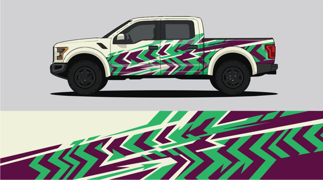 Car Wrap Design with Geometric Chevron Decal in Purple Green and White