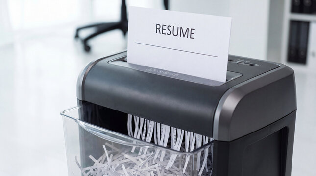 Career rejection concept with a resume entering a paper shredder, symbolizing job search stress, unemployment, and professional setback