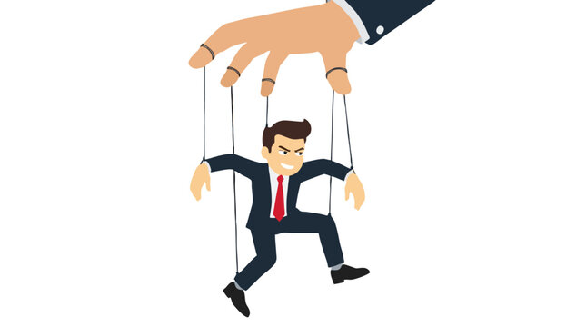 A sneaky businessman dangling helplessly in midair like a marionette puppet controlled by thin strings tied to the fingers of a giant corporate hand in clean modern flat vector style