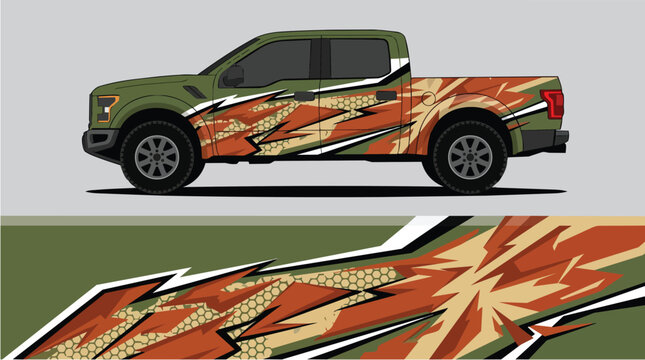 Car Wrap Design with Camouflage Decal with Geometric Accents in Green Orange