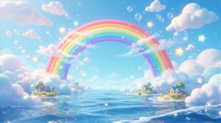 Fototapeta premium Bubbly sky with a vivid rainbow arching above gentle waves. Clouds float softly, glowing with starlight and bubbles. Tiny islands drift in calm blue waters, crowned with greenery