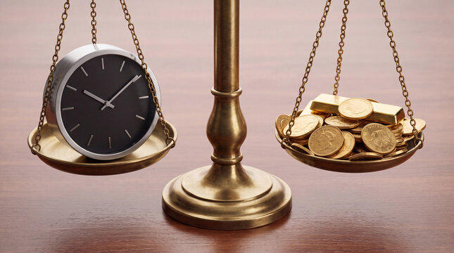 Work life balance concept with a clock and a stack of coins resting on a brass scale, comparing time value and financial priorities