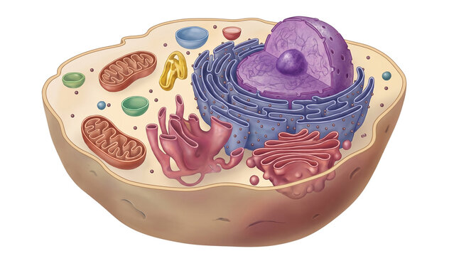 Animal cell cross section diagram reveals detailed organelles including purple nucleus and beige cytoplasm.