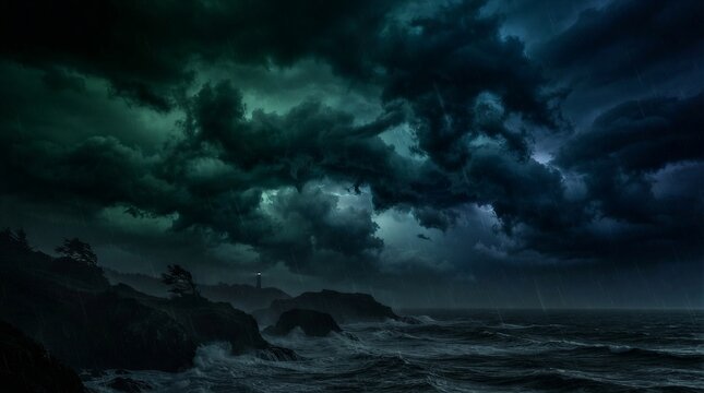 Dark, stormy skies loom over churning ocean waves. Rocks jut from the sea, battered by relentless gales. Wind howls through the hollows of the coastline. Thunder crackles in the distance