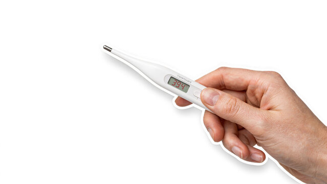 Hand holding a digital thermometer displaying a fever temperature during a medical checkup isolated on transparent background