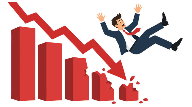 Businessman in suit falling down beside crashing red bar chart with descending arrow as crumbling bars collapse symbolizing financial crisis, stock market crash and business failure concept