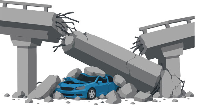 Blue car crushed under collapsed elevated highway bridge with broken concrete deck, exposed rebar and rubble debris isolated on white background, earthquake disaster 3D vector illustration