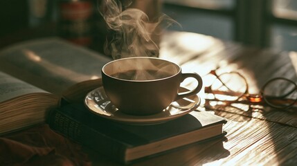 Fototapeta premium Steaming Cup of Coffee Placed on a Stack of Books With Glasses in Morning Sunlight