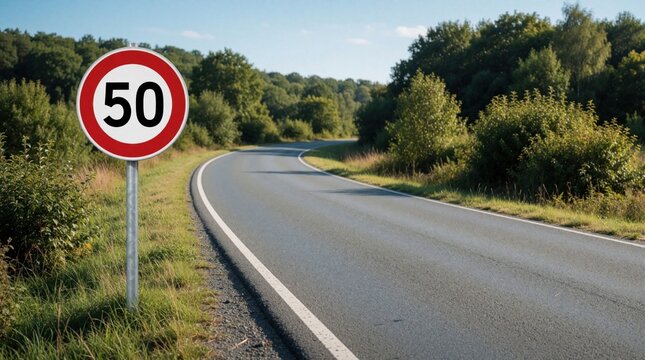 Round speed limit sign 50 on metal pole by asphalt road. Red circle indicates maximum km h velocity for safe driving through green forest. Rural highway winding through trees during sunny day.