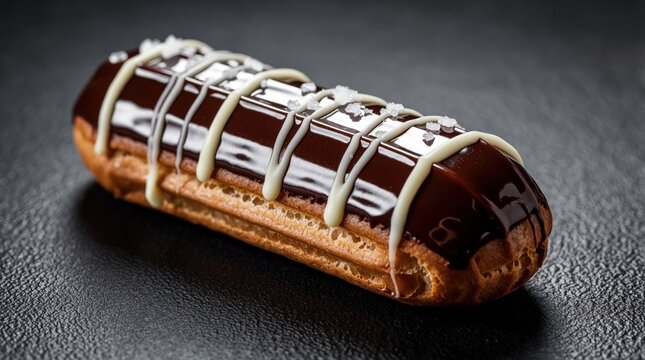 Delicious chocolate eclair with glossy dark glaze, white chocolate drizzle on dark concrete background. Sweet pastry dessert with cream filling rests on textured surface. Gourmet French bakery snack