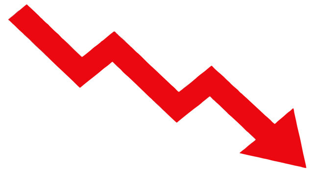 Bold red downward trending zigzag arrow symbolizing percentage decrease, interest rate drop, stock market decline and financial loss, negative growth concept, vector illustration on background