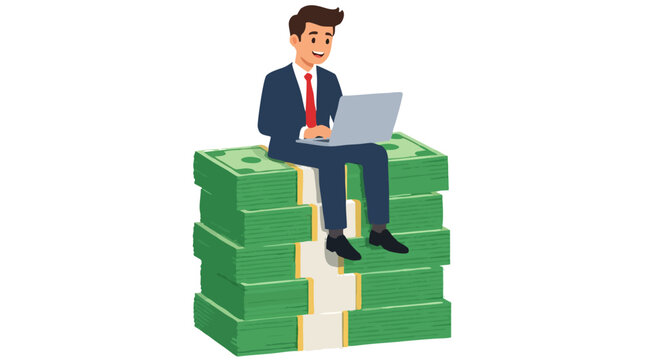 Happy smiling businessman in blue suit working on laptop while sitting on tall stack of bundled green banknotes symbolizing wealth profit financial success investment and business growth