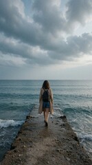 Fototapeta premium Back view of lonely woman walking on stone pier towards ocean. Young female traveler with backpack explores sea coast under cloudy sky. Solitary person enjoys peaceful nature, calm waves during