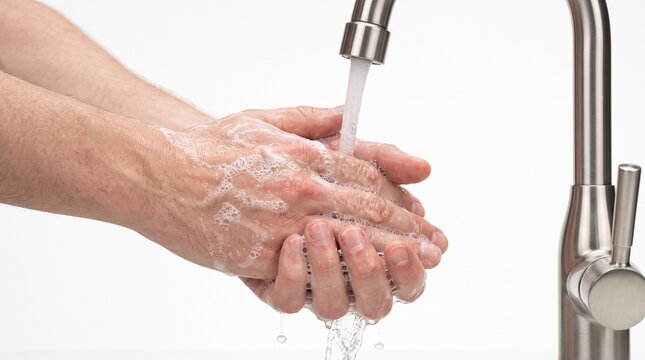 Man washing hands with soap under the water, clean and hygienic background