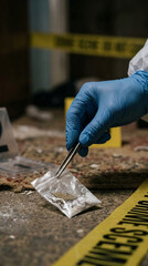 Crime Scene Investigation Forensic Scientist Collects Evidence with Tweezers Yellow Tape in Background
