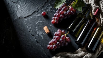 Naklejka premium Red wine bottles, fresh purple grapes on dark slate background. Rustic still life with cork, cloth. Elegant composition for winery, vineyard tasting event. Autumn harvest theme with alcoholic