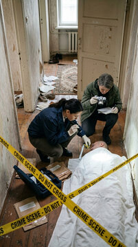 Crime Scene Investigation Forensics team examines victim and evidence in apartment hallway yellow tape