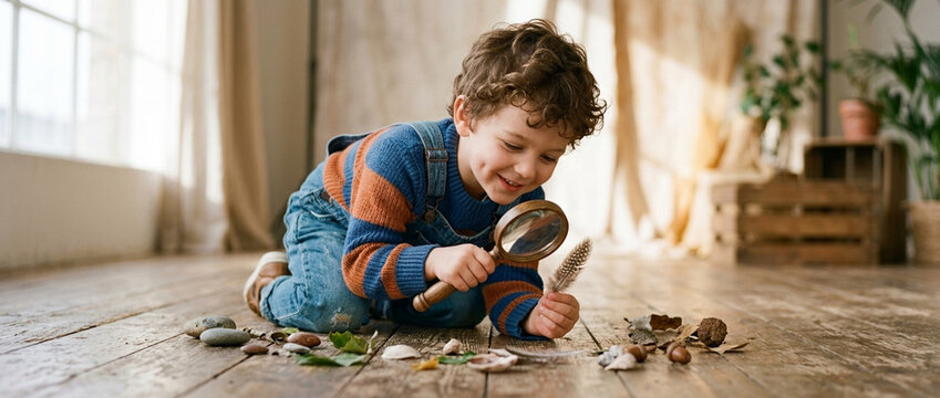Curious boy exploring nature objects with magnifying glass early childhood discovery learning and outdoor hobby