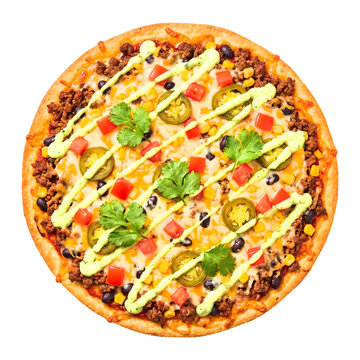 Delicious mexican style pizza topped with ground beef jalapenos and drizzled sauce transparent background