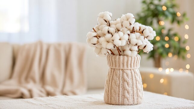 Soft cotton branches arranged in a beige cable-knit vase cover in a cozy neutral home interior, horizontal winter still life with warm bokeh and copy space