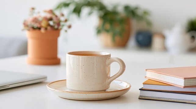 Ceramic cup of coffee beside notebooks and laptop on a bright minimalist home office desk, horizontal workspace still life with soft natural light