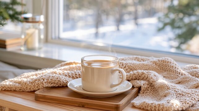 Steaming hot drink on a wooden tray surrounded by a chunky knitted blanket beside a bright snowy window, horizontal cozy winter morning scene