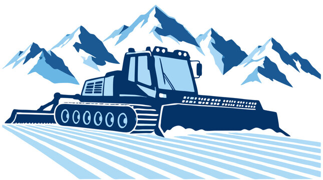 Bold flat vector illustration of a tracked snow groomer smoothing a ski piste leaving corduroy trails with snowy mountain peaks behind in ink navy and ice blue for alpine winter resort art