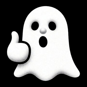 Playful and spooky white ghost giving a cheerful thumbs up gesture, floating in a black background