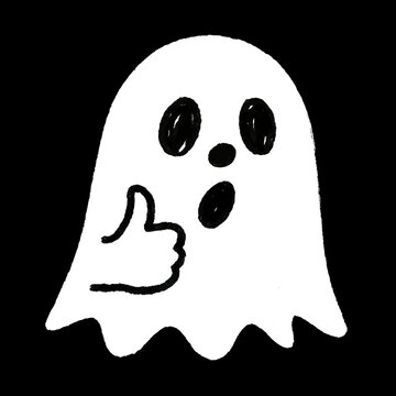 Playful and spooky white ghost giving a cheerful thumbs up gesture, floating in a black background