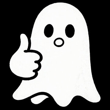 Playful and spooky white ghost giving a cheerful thumbs up gesture, floating in a black background