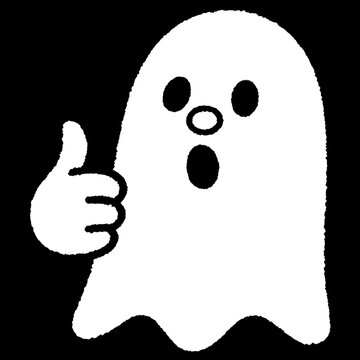 Playful and spooky white ghost giving a cheerful thumbs up gesture, floating in a black background