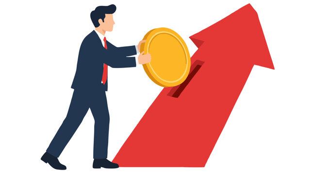 Businessman inserting large golden coin into slot on red upward arrow symbolizing investment growth profit increase and financial success in flat vector illustration isolated on white background