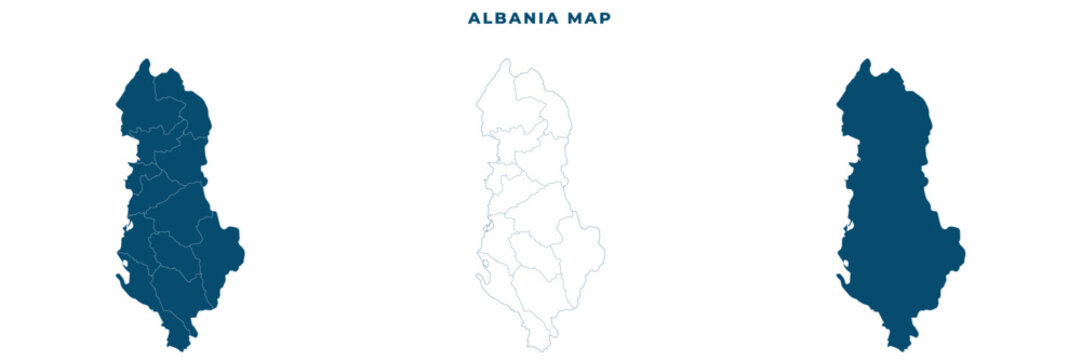 Albania map with counties, blank outline and solid silhouette vector illustrations