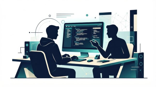 Two programmers work together at a computer, engaging in pair programming and discussing code in a modern workspace.
