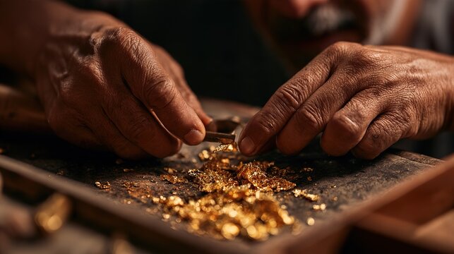 Close up of artisan hands working with gold leaf flakes for traditional gilding.