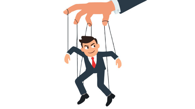 Sneaky businessman puppet controlled by giant hand pulling strings from above, marionette in suit with sly expression arms and legs dangling isolated on white background corporate manipulation concept