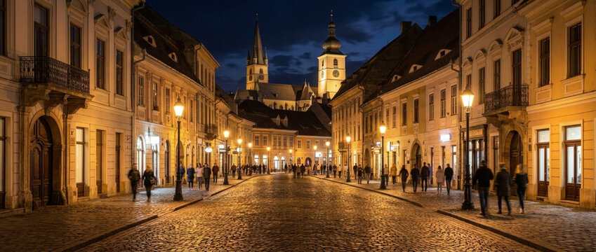 Cobblestone Street Lit by Gas Lamps at Night with Gothic Church Spires in the Distance