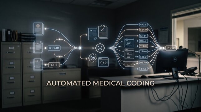 Innovative digital overlay illustrates the intricate automation of medical coding and healthcare data management, enhancing administrative efficiency in a contemporary office setting