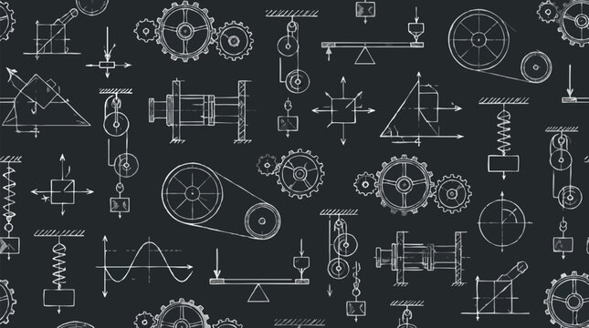 Seamless pattern of white chalk mechanical engineering schematics with gears, pulleys, levers, springs and physics diagrams on dark blackboard background for science education creative design