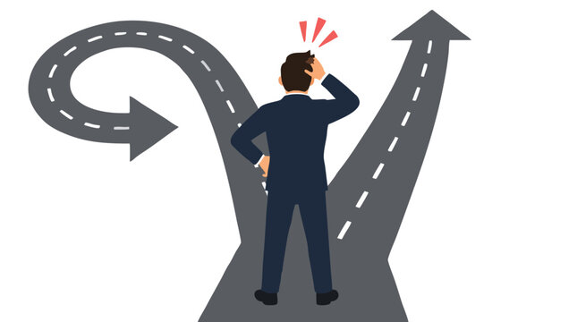 Frustrated businessman seen from behind standing at fork in road choosing between straight arrow path forward to success and U-turn loop back, business decision dilemma concept vector illustration