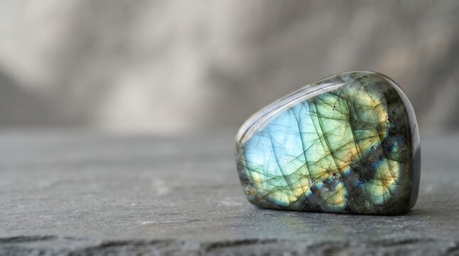 A polished labradorite stone resting on a smooth gray surface against a softly blurred neutral background