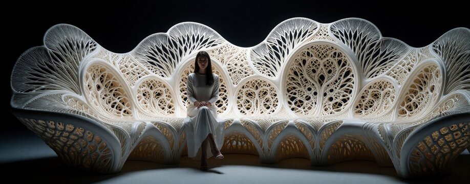 Young woman sits on futuristic organic sofa. 3D printed furniture with complex parametric design features intricate bone like patterns. Modern luxury lounge piece uses generative AI for bio design.