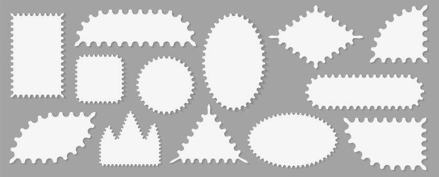 Pack of scalloped white postage frames isolated. Outline border template. Simple minimalist label text box. Blank scallop edge stamp mockup. Vector illustration