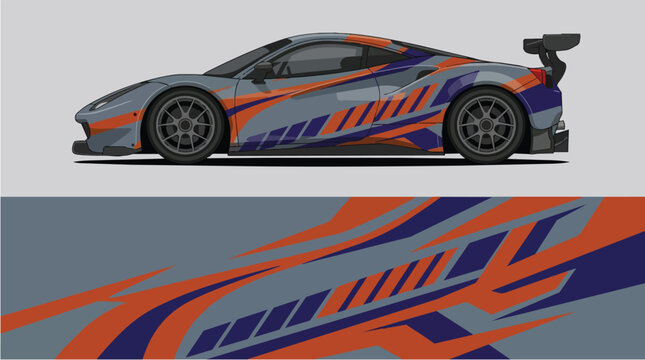 Car Wrap Design with Dynamic Racing Livery in Orange Blue and Purple